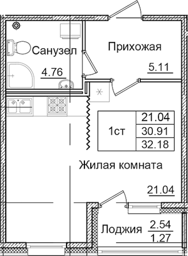 Квартира студия 32.18 м², 2/9 эт., ЖК «Квартал Заречье»